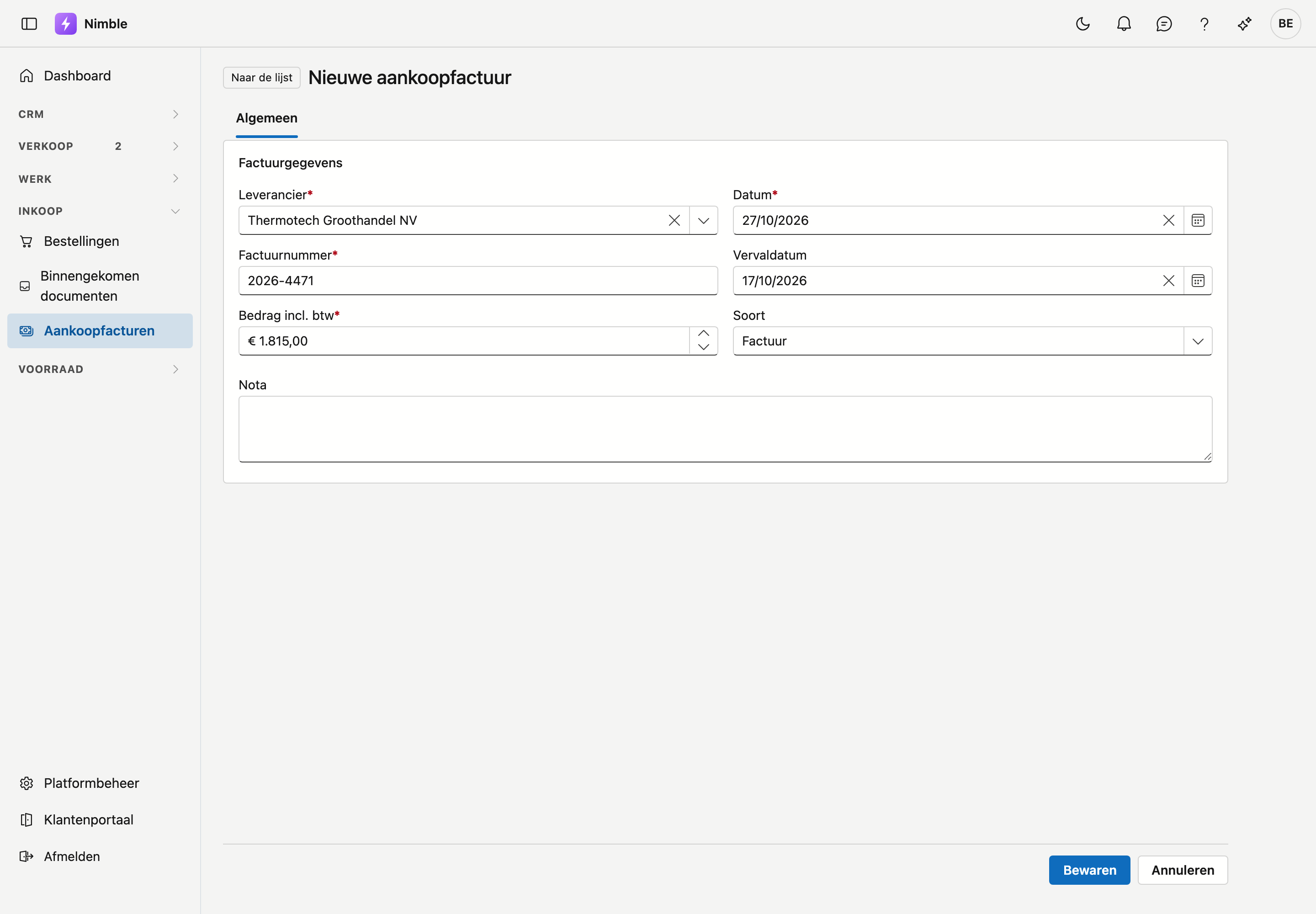 De fiche Nieuwe aankoopfactuur met de kaart Factuurgegevens ingevuld: Leverancier Thermotech Groothandel NV, Factuurnummer 2026-4471, Bedrag incl. btw, Datum, Vervaldatum en Soort Factuur, een leeg veld Nota en onderaan Bewaren en Annuleren.