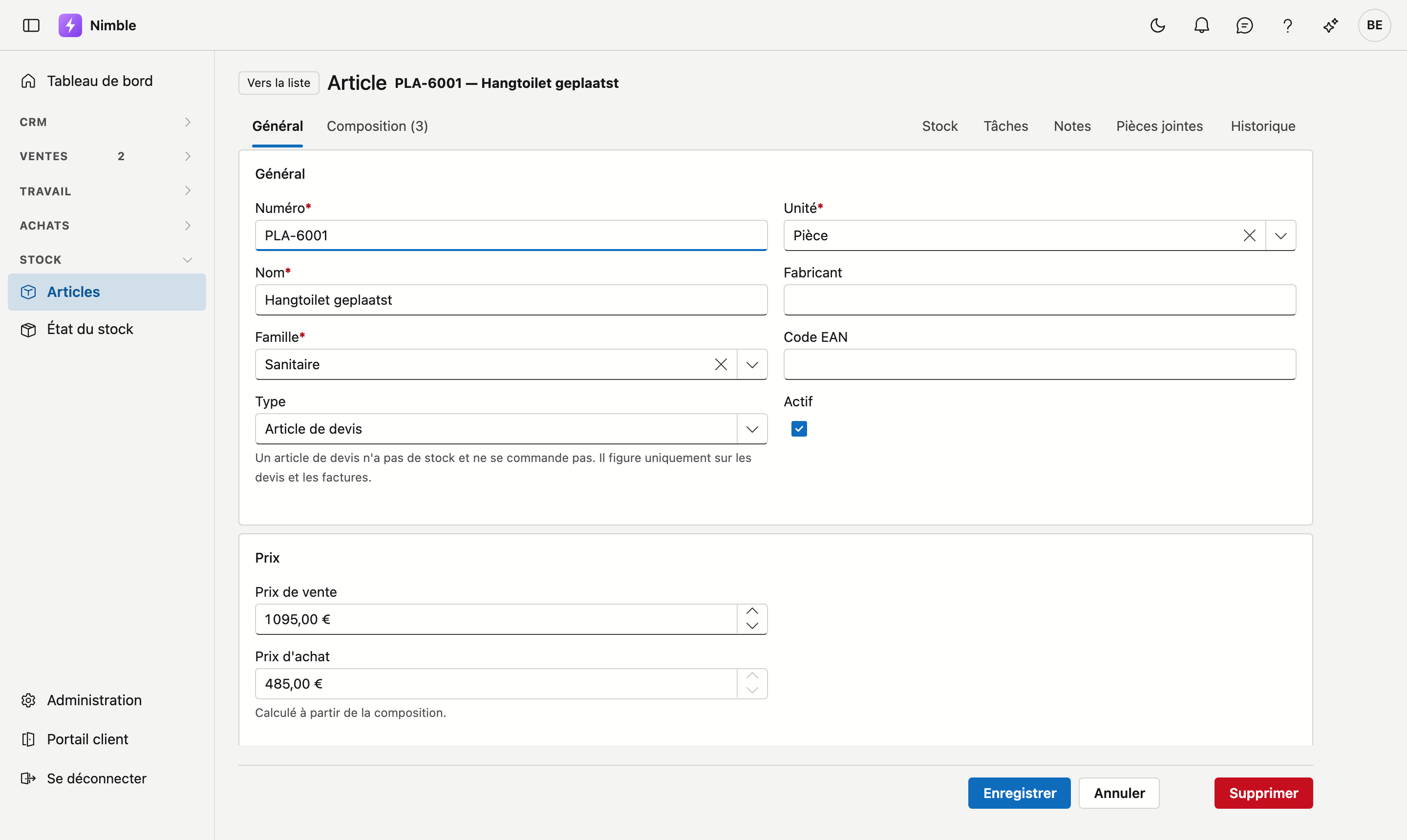 La fiche de l'article de devis PLA-6001, Hangtoilet geplaatst : dans la carte Général, le Type est Article de devis avec l'explication en dessous, et la carte Prix contient le Prix de vente et le Prix d'achat, avec sous le prix d'achat Calculé à partir de la composition.