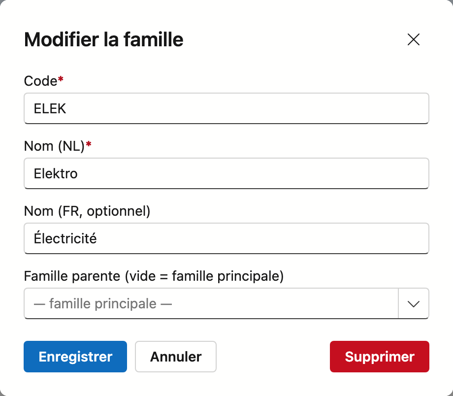 La fenêtre Modifier la famille avec Code ELEK, Nom (NL) Elektro, Nom (FR, optionnel) Électricité, Famille parente sur famille principale, et les boutons Enregistrer, Annuler et Supprimer.