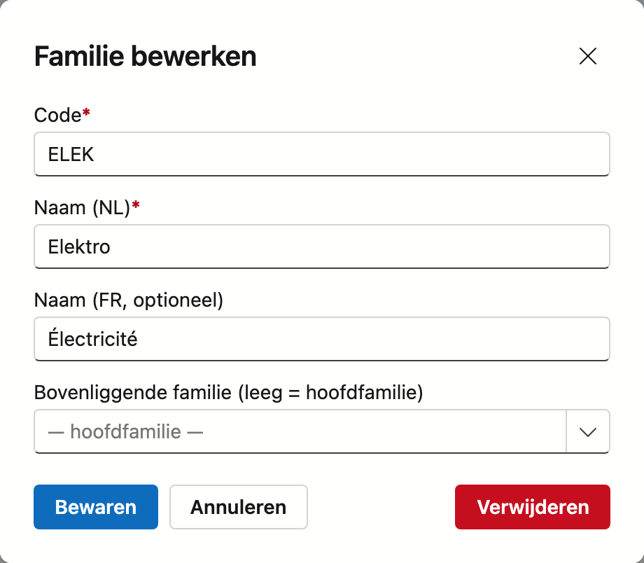 Het venster Familie bewerken met Code ELEK, Naam (NL) Elektro, Naam (FR, optioneel) Électricité, Bovenliggende familie op hoofdfamilie, en de knoppen Bewaren, Annuleren en Verwijderen.