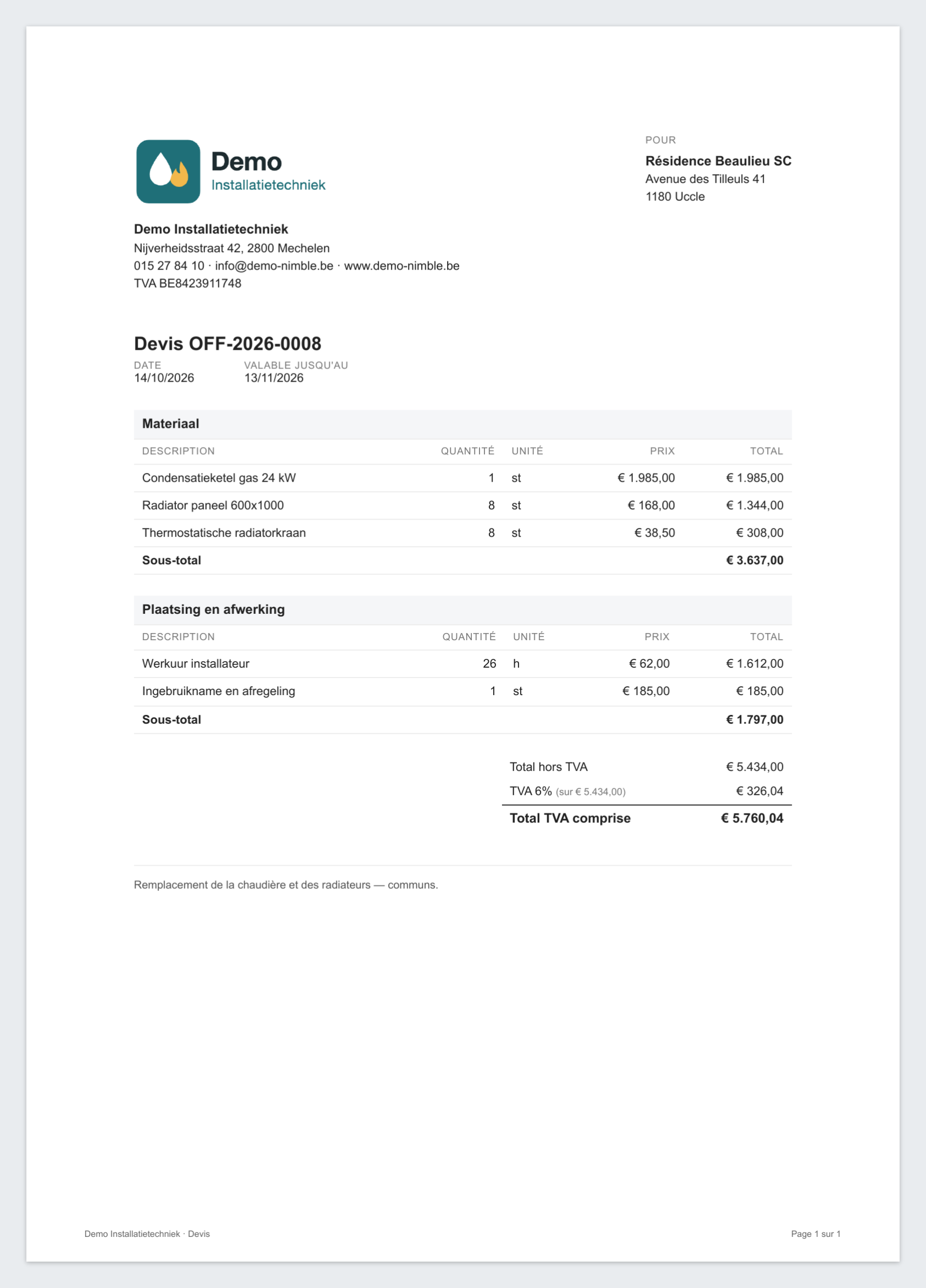 La première page du devis OFF-2026-0008 pour Résidence Beaulieu SC, un client francophone, telle qu'il la reçoit : en haut les coordonnées de votre entreprise et à droite le client, puis la date et la validité, les blocs avec leurs lignes et leur sous-total, les totaux avec la TVA et la note du devis. Les noms des blocs et des articles sont ceux saisis dans Nimble.