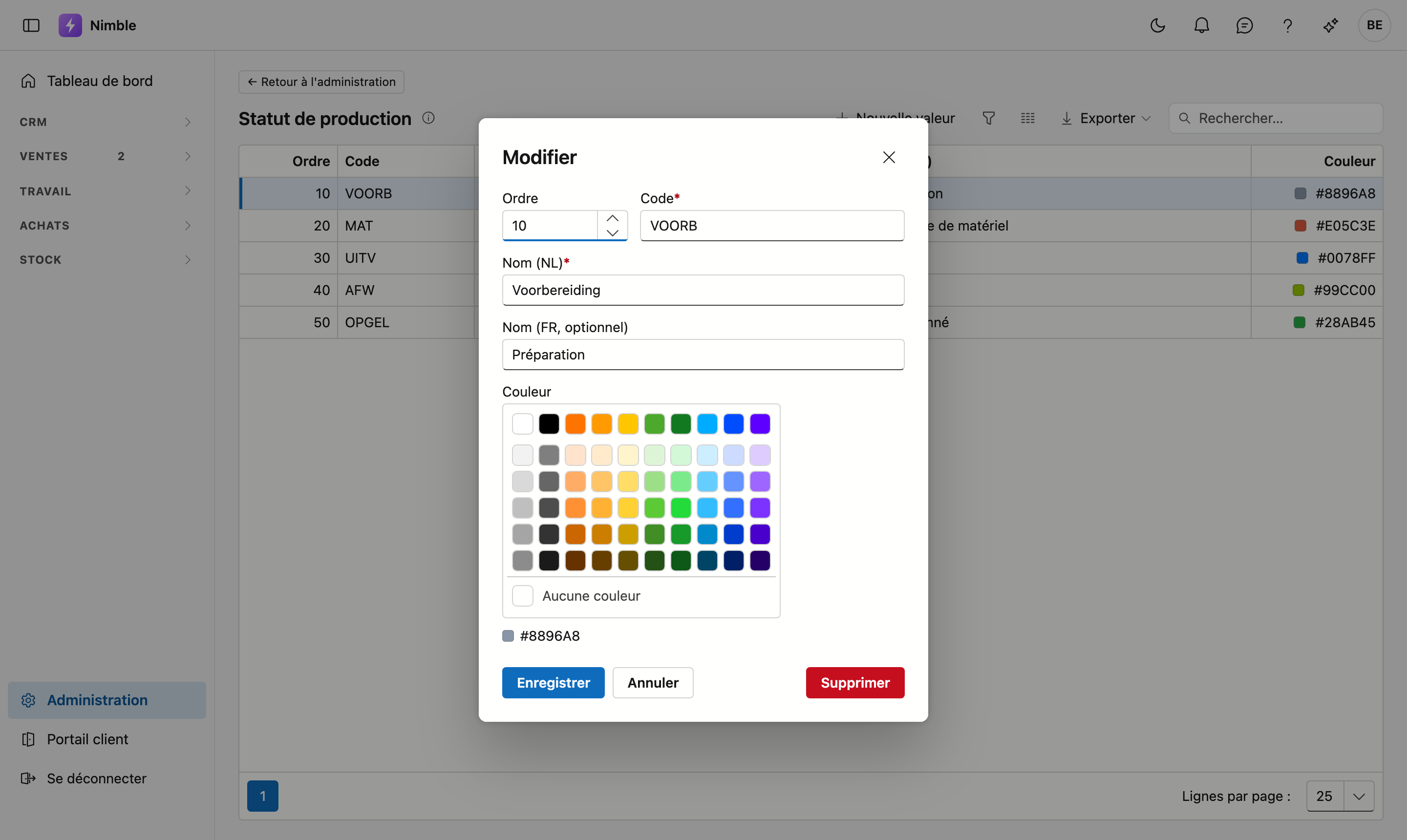 La fenêtre de modification avec le palette de couleurs.