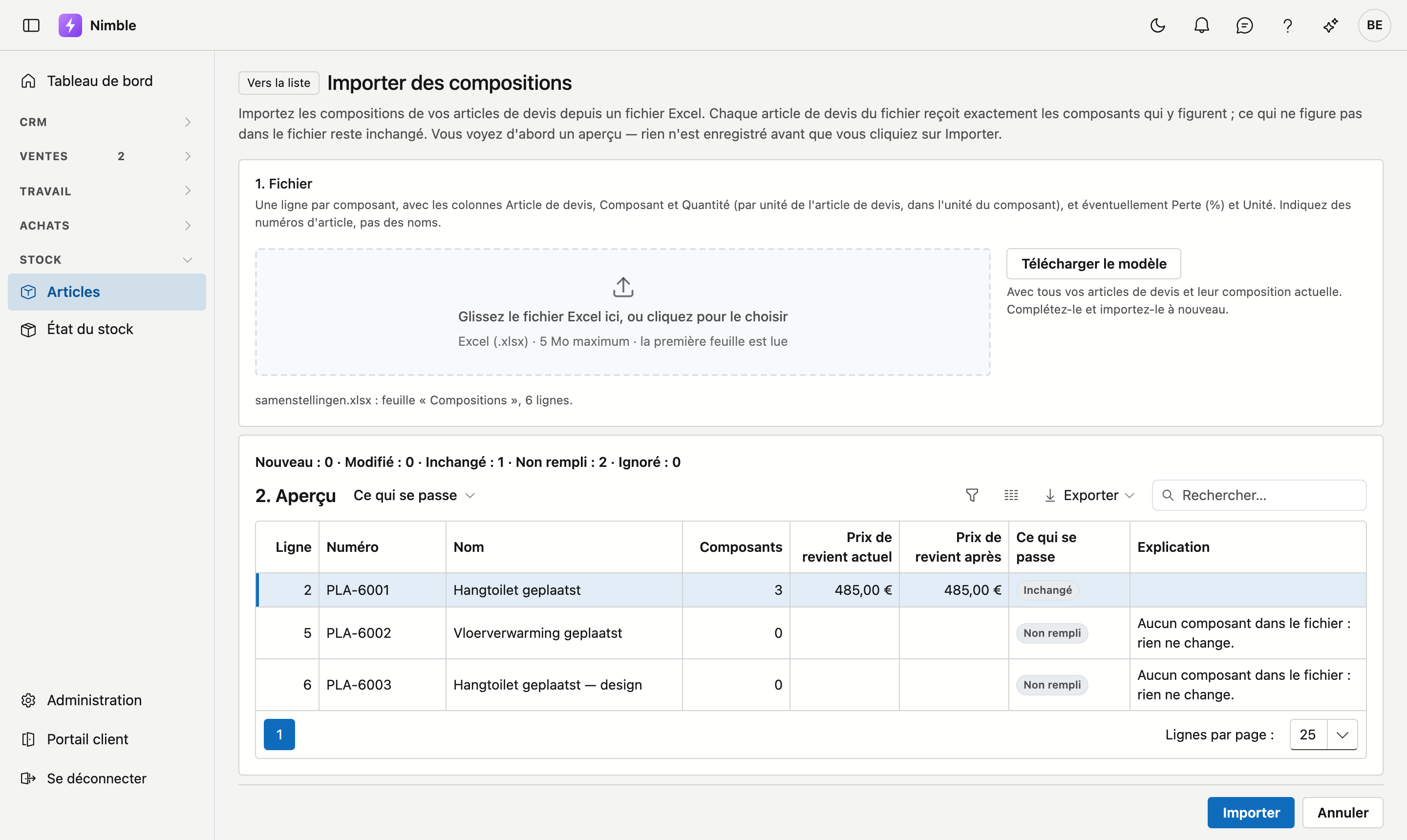 L'aperçu d'Importer des compositions avec le modèle de la démo : en haut les compteurs Nouveau, Modifié, Inchangé, Non rempli et Ignoré, en dessous par article de devis le numéro de ligne, le numéro, le nom, le nombre de composants, le prix de revient actuel et après, ce qui se passe et une explication.