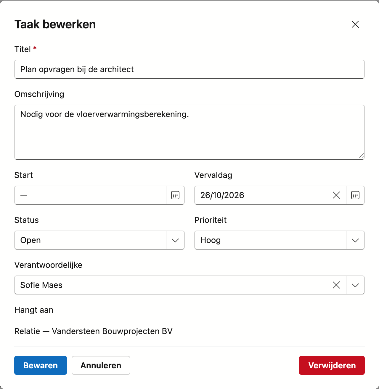 Het venster Taak bewerken voor de taak Plan opvragen bij de architect: Titel, Omschrijving, Start, Vervaldag, Status Open, Prioriteit Hoog, Verantwoordelijke Sofie Maes, en Hangt aan Relatie — Vandersteen Bouwprojecten BV; onderaan Bewaren, Annuleren en rechts Verwijderen.
