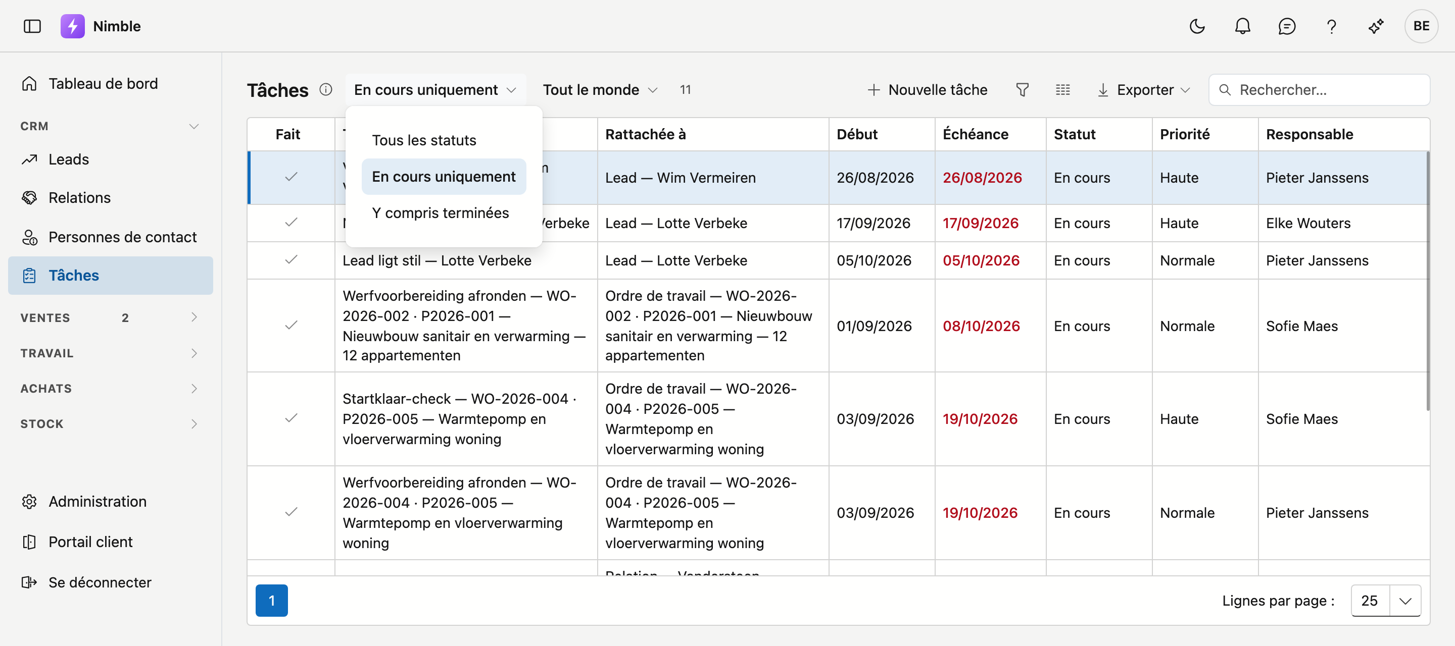 Le filtre de statut de l'écran Tâches déplié, avec les trois choix Tous les statuts, En cours uniquement et Y compris terminées ; à côté le filtre Tout le monde et le compteur.
