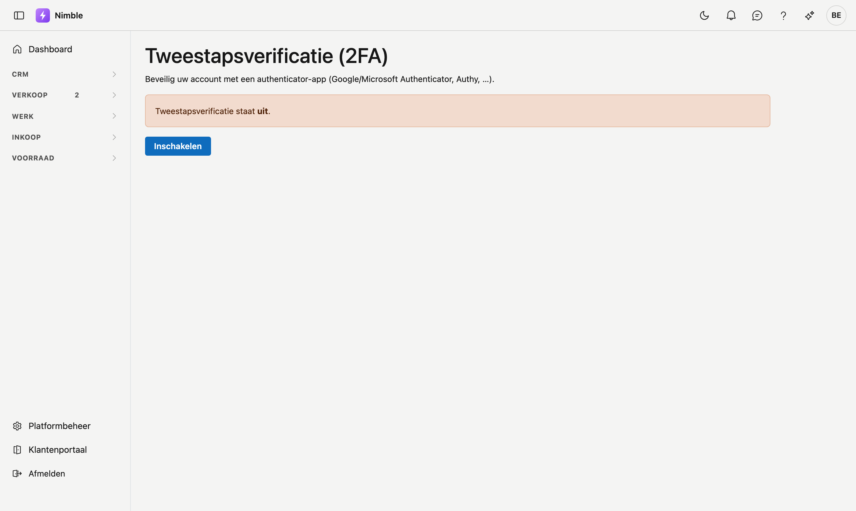 Het scherm Tweestapsverificatie in zijn beginstand: de uitleg over een authenticator-app, de melding dat tweestapsverificatie uit staat, en de knop Inschakelen